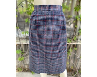 80s 90s Courier Tweed Pencil Skirt Pleat Front Tartan Wool Blend Lined Sz 15/16