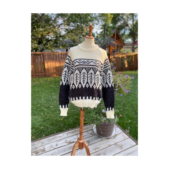 Vtg Acrylic Knit Sweater 80s Trees Feathers Crew