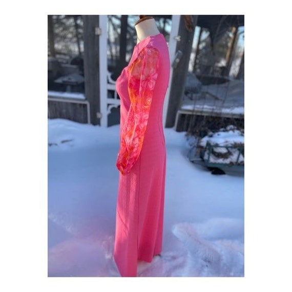 Vintage 70s Maxi Dress Hot Pink Sheer Floral Neon… - image 8