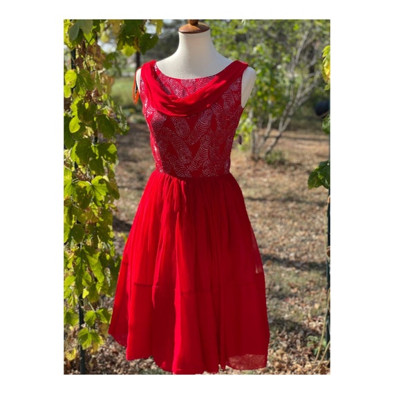 Vintage 50s Red Metallic Formal Dress Party Chiff… - image 1