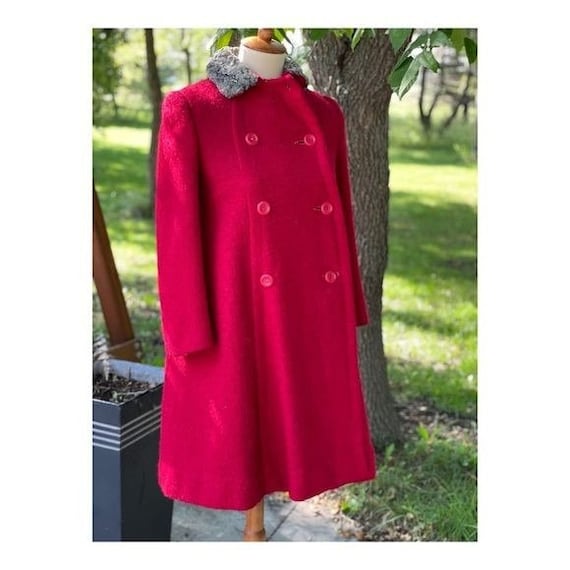 Vintage 60s Red Wool Pea Coat Persian Fur Collar - image 1