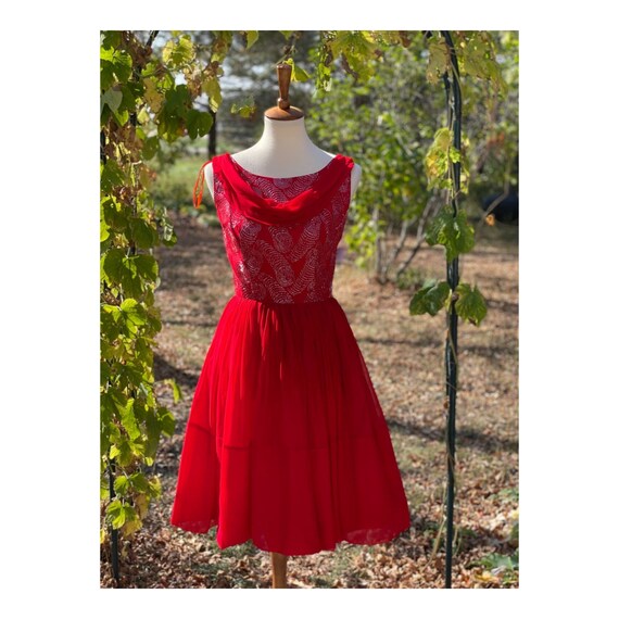 Vintage 50s Red Metallic Formal Dress Party Chiff… - image 8