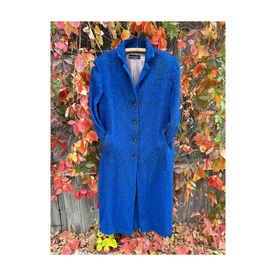 80s Blue Wool Mohair Coat Trench Longline Satin L… - image 1