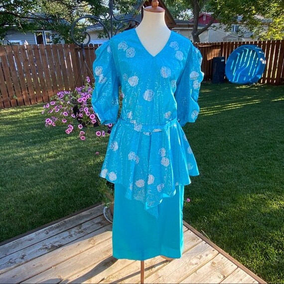 Vintage 1980's Peplum Pencil dress Puff Sleeves Sk