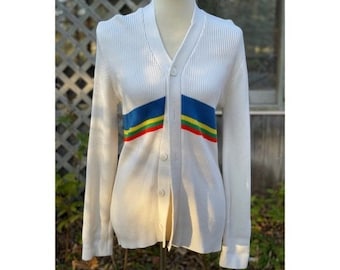 Vintage 70s Cable Knit Cardigan Sweater Rainbow Stripe V Neck Sz M/L