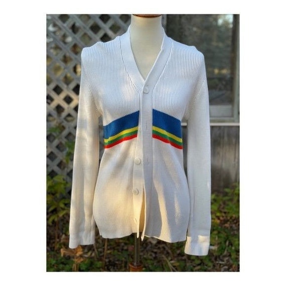 Vintage 70s Cable Knit Cardigan Sweater Rainbow S… - image 1