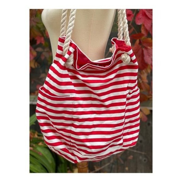 Vintage 90s Nautical Striped Tote Bag Twist Rope Handles Red White