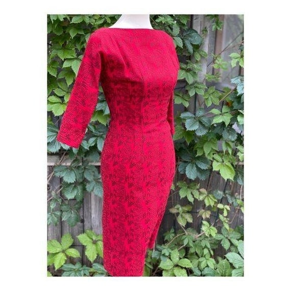 1950s Wiggle Dress Mad Men Wool Coctail Midi Part… - image 7