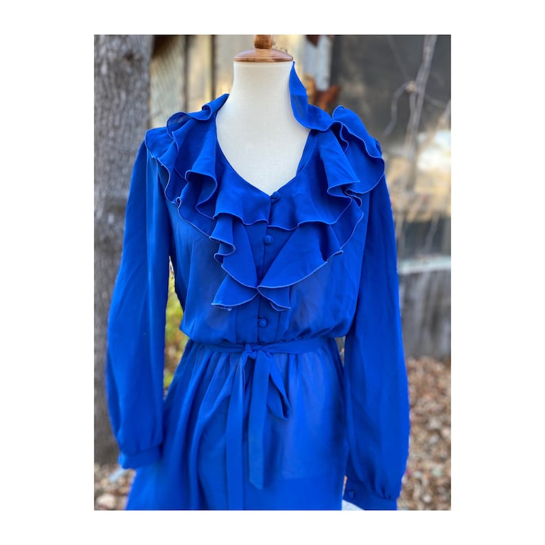 Blue Sheer Dress 70s Waterfall Ruffle Collar Union Label