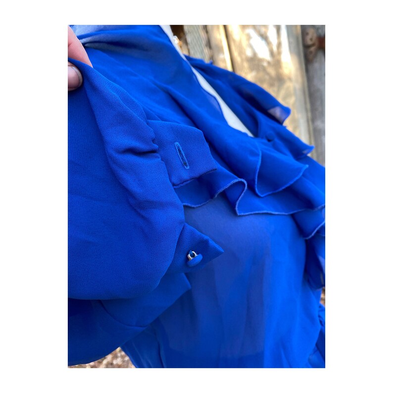 Blue Sheer Dress 70s Waterfall Ruffle Collar Union Label