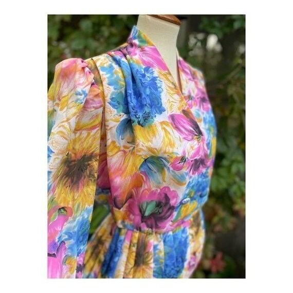 80s Leslie Belle Watercolor Print Blouson Dress B… - image 6