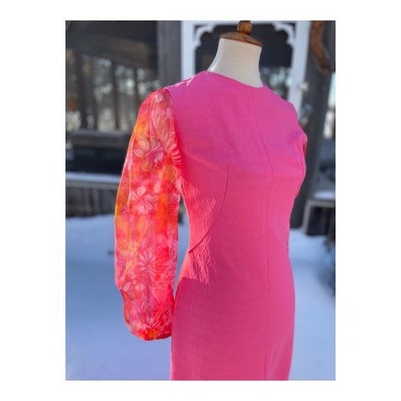 Vintage 70s Maxi Dress Hot Pink Sheer Floral Neon… - image 7