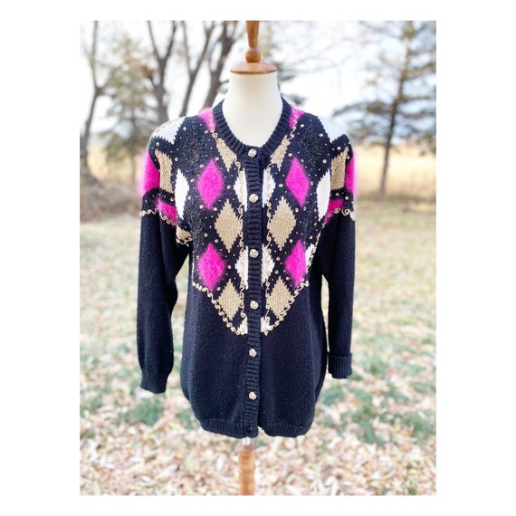 Vintage 80s Cardigan Sweater Argyle Pink Fluff