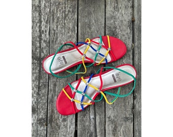 Vintage | 90s IMPO Rainbow Strappy Sandals Stretch Rylie Low Heel Primary Color Block Sz 9M