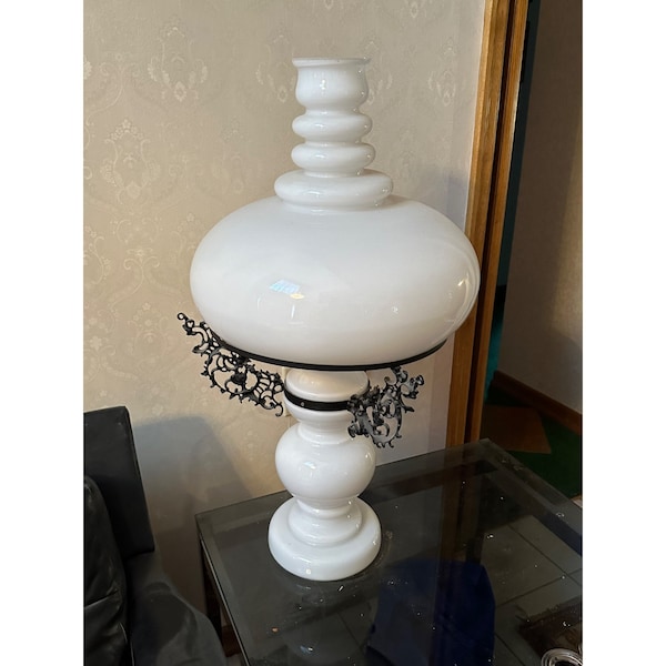 Kosmos Brenner Milk Glass & Wrought Iron Hurricane Lamp Large Victorian Gothic Antique Converted Oil Lamp