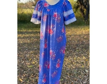 Vintage 70s Kaftan Floral Maxi House Dress Lace Trim Beach Sz L/XL