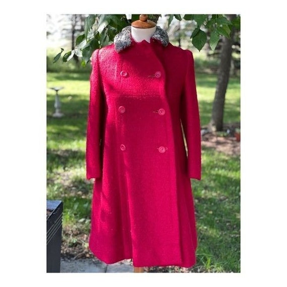 Vintage 60s Red Wool Pea Coat Persian Fur Collar - image 4