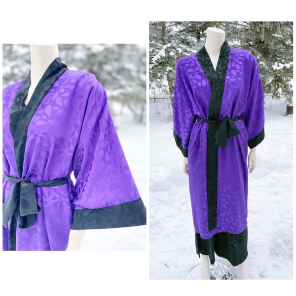 80s Diamond Tea Satin Loungewear Set Kimono Sleeve Duster Robe Trousers Purple Black Jaquard One Size