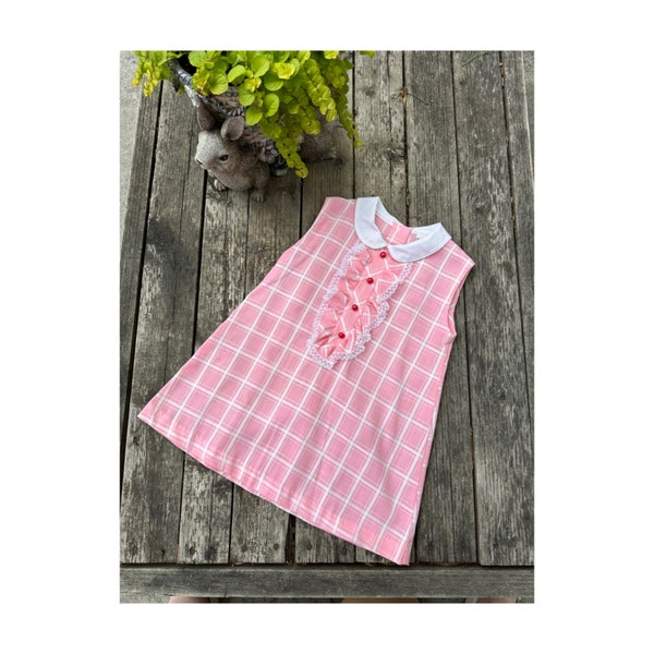 Vintage | 60s Mod Mini Dress Tent Gingham Pink White Peter Pan Collar Ruffle Lace 2T/3T