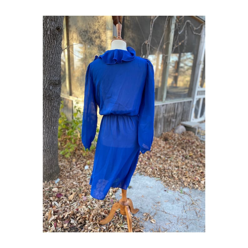 Blue Sheer Dress 70s Waterfall Ruffle Collar Union Label