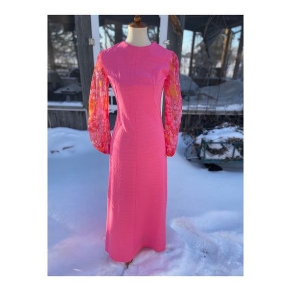 Medium 1970s Pink Maxi Dress Boho Sexy Sheer Bohemian Sleeveless Knit