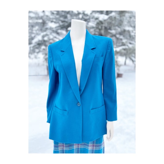 Vintage 80s Wool Skirt Suit Teal Boxy Blazer Tart… - image 3