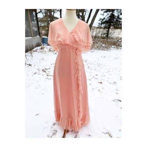 Vintage 1970s Prom Grad Dress Peach Maxi Chiffon Sz M… - Gem