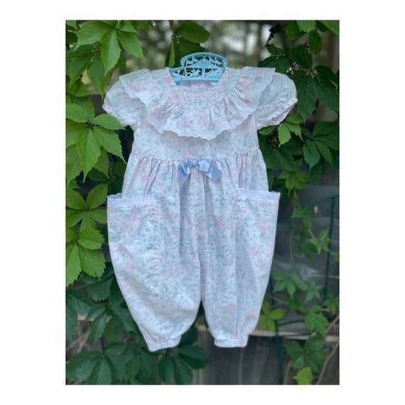 Vintage 80s Buster Brown Pastel Romper Lace Ruffle