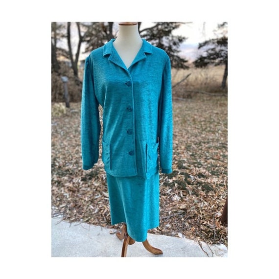 Vintage 60s Teal Knit Skirt Set Blazer Handmade