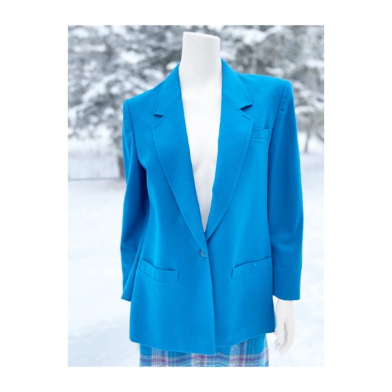 Vintage 80s Wool Skirt Suit Teal Boxy Blazer Tart… - image 2