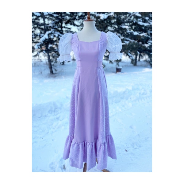 Vintage 70s Lilac Maxi Dress Empire Waist Flocked Overlay Lace Balloon Short Sleeve Flounce Hem Belted XS/S
