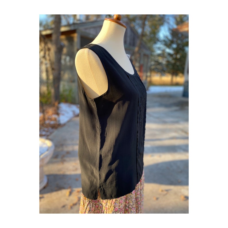 Vintage 1980s Black Silk Tank Top Cami Embroidered