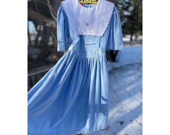 Vintage 80s Sky Blue Velvet Formal Dress White Lace Bib Collar Princess Sleeves Sz 7