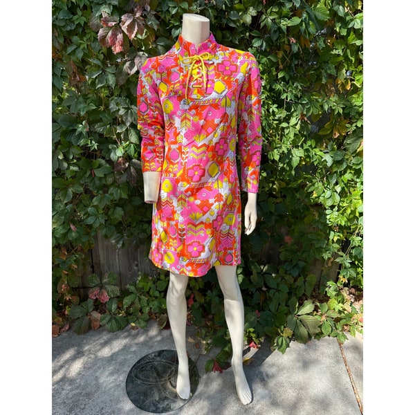 60s Teena Paige Go-Go Mini Dress Neon Mod Nehru Collar Lace-Up Day-Glo Groovy Psychedelic Geometric