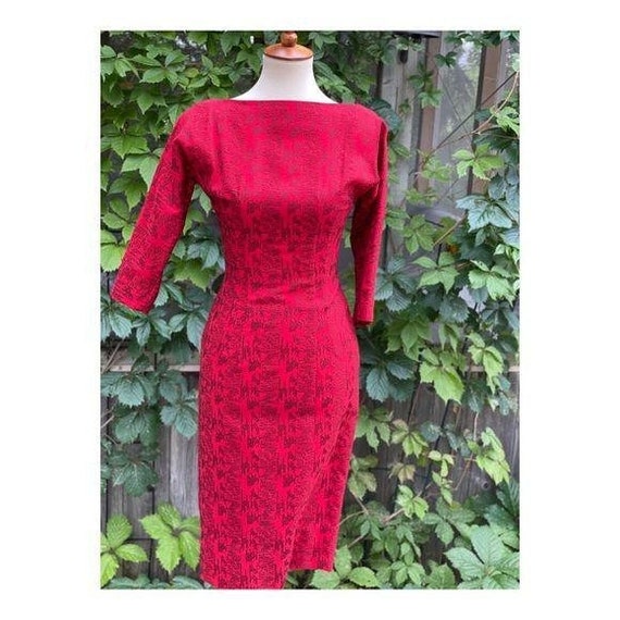 1950s Wiggle Dress Mad Men Wool Coctail Midi Part… - image 2