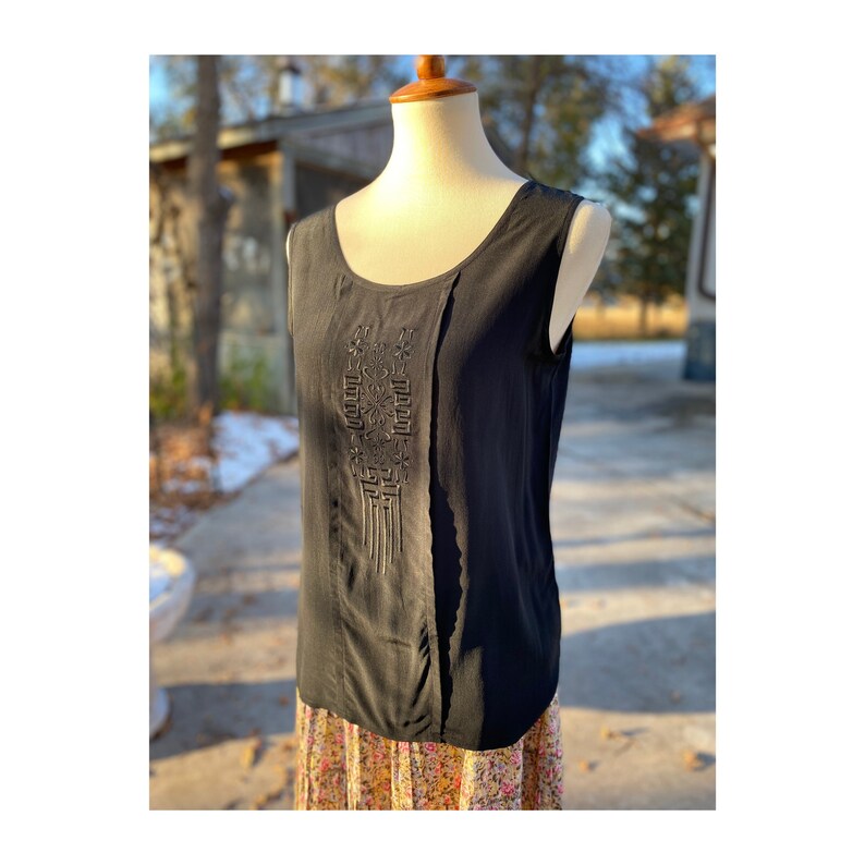Vintage 1980s Black Silk Tank Top Cami Embroidered