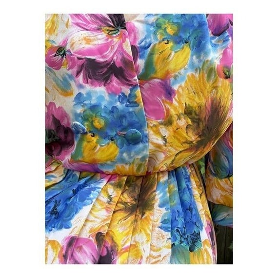 80s Leslie Belle Watercolor Print Blouson Dress B… - image 3
