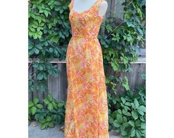 Vintage 50s formal Gown Dress Maxi Floral Chiffon Sz S