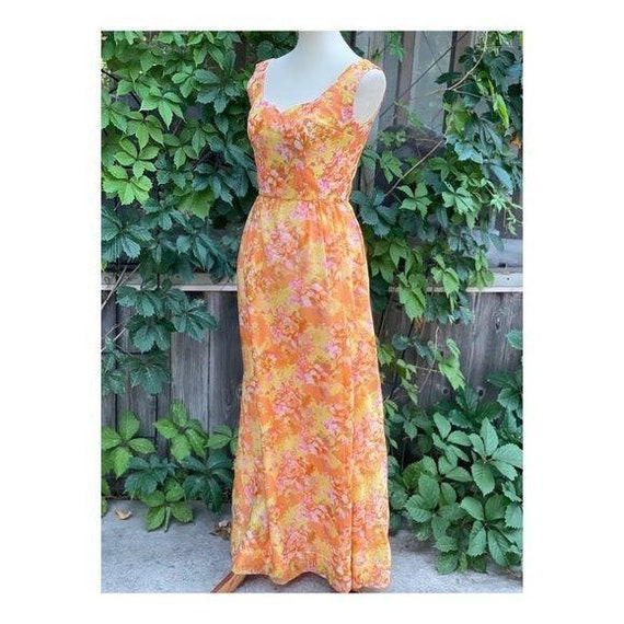 Vintage 50s formal Gown Dress Maxi Floral Chiffon… - image 1