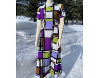 Vintage 60s 70s Maxi Dress Color Block Cubist Short Sleeve Waist Sash Art Print