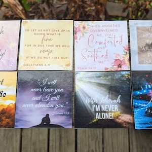 May include: Set of 8 inspirational cards with religious quotes and colorful backgrounds. The cards feature quotes such as "Jehovah is my joy eternally!" and "With Jehovah I'm never alone!"