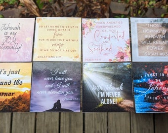 May include: Set of 8 inspirational cards with religious quotes and colorful backgrounds. The cards feature quotes such as "Jehovah is my joy eternally!" and "With Jehovah I'm never alone!"