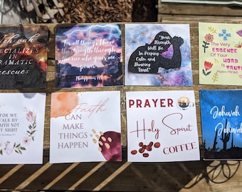 May include: Eight inspirational quote cards with various backgrounds and designs. The quotes include "Jehovah specializes in dramatic rescues", "For all things I have the strength through the one who gives me power", "Your strength will be in keeping calm and showing trust", "The very essence of your word is truth", "For we walk by faith not by sight", "Faith can make things happen", "Prayer Holy Spirit Coffee", and "Jehovah knows Jehovah sees".