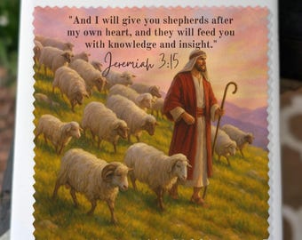 Puede incluir: Azulejo de cerámica cuadrado con una escena pastoral de un pastor y un rebaño de ovejas. La imagen incluye el texto "And I will give you shepherds after my own heart, and they will feed you with knowledge and insight." y "Jeremiah 3:15".