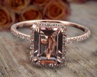 Limited Time Sale 1.75 Carat 7x5mm Emerald Cut Morganite And Diamond Moissanite Halo Art Deco Engagement Ring in 10k Rose Gold