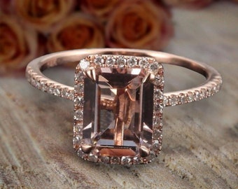 Unique 7x5mm Emerald Cut 1.50 Carat Peach Pink Morganite And Diamond Moissanite Engagement Ring in 10k Rose Gold