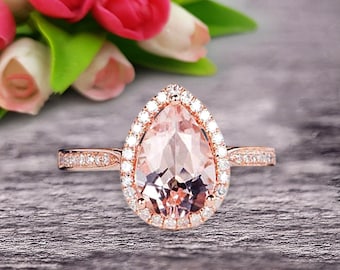 8x5mm Pear Shape 1.50 Carat Morganite And Diamond Moissanite Engagement Ring On 10k Rose Gold Halo Wedding Anniversary Promise Eternity Ring