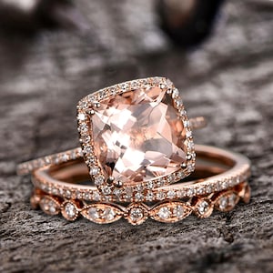 5.75 Carat 10mm Cushion Morganite Wedding Set 10k Rose Gold Engagement Ring Art Deco Half Eternity