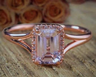 Sale: 7x5mm Emerald Cut 1.25 Carat Peach Pink Morganite And Diamond Moissanite Split Shank Halo Engagement Ring in 10k Rose Gold
