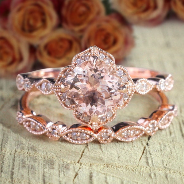 Art Deco Style 2 Carat 6mm Round Cut Morganite And Diamond Moissanite Halo Bridal Wedding Ring Set with 18k Gold Plating